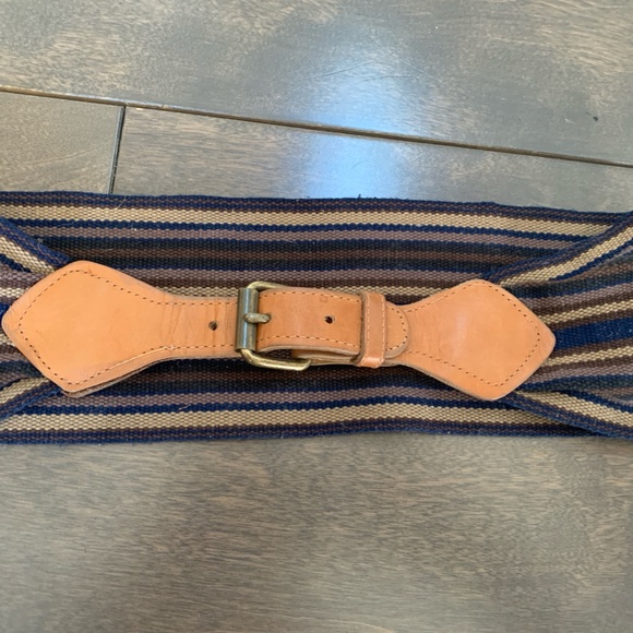 Canvas, leather and brass buckle belt. Multi colored stripped canvas 29”length. - Picture 1 of 4
